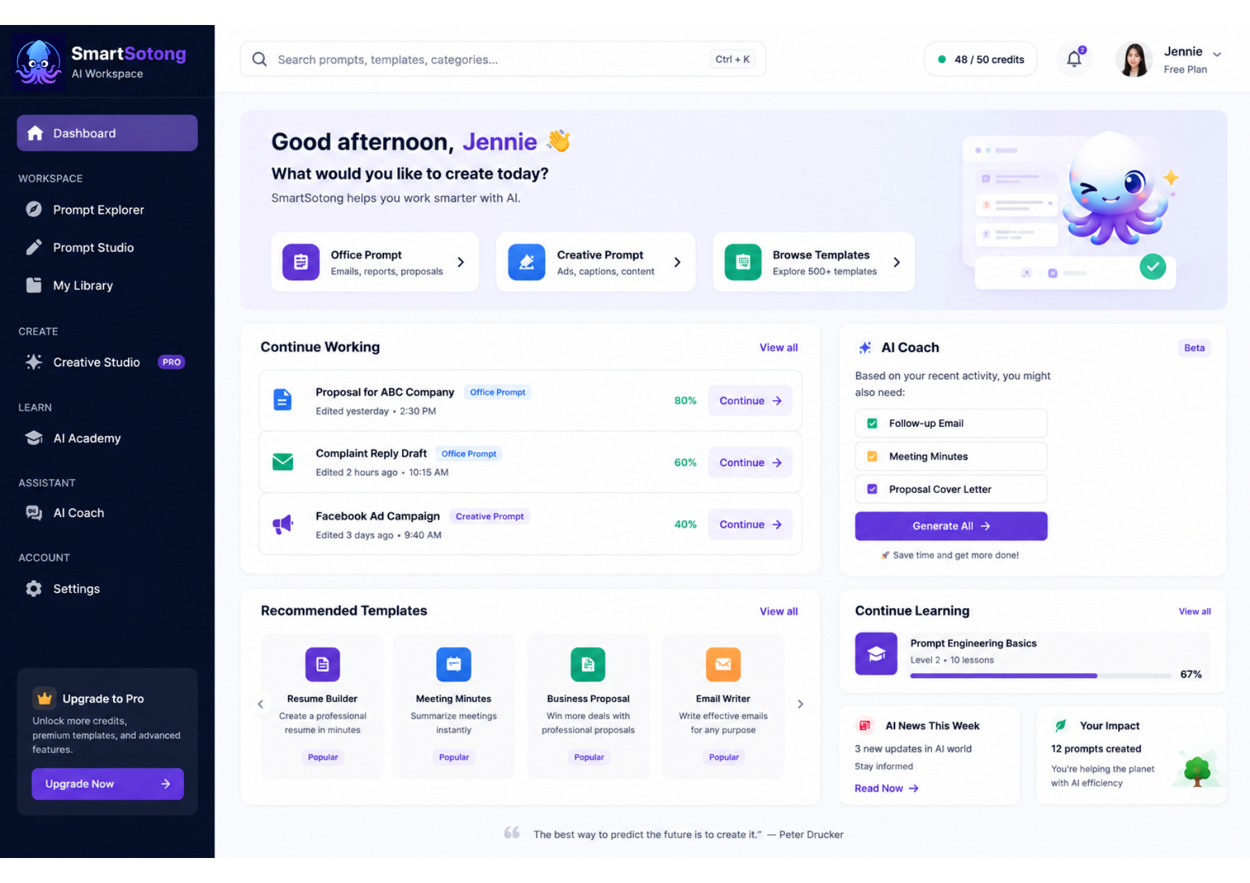 SmartSotong dashboard showing prompt tools, saved work, credits, and AI learning